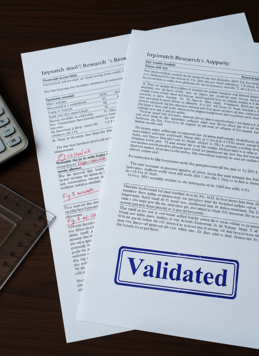 A focused validation and quality-check scenario: a close-up of two overlapping printed research documents, each densely filled with text and tables. One document is neatly stamped with a bold “Validated” mark in deep blue ink at the bottom corner, while the other features precise annotations in fine red pen, including underlines and margin notes. The papers rest on a smooth dark walnut desk beside a clear ruler and a slim, silver calculator. Cool, even overhead lighting illuminates every detail without harsh shadows. Photographic realism, shot from a slightly elevated close-up perspective with sharp focus on the markings and textures of the paper. The mood is meticulous, authoritative, and detail-driven, ideal for highlighting research validation services.