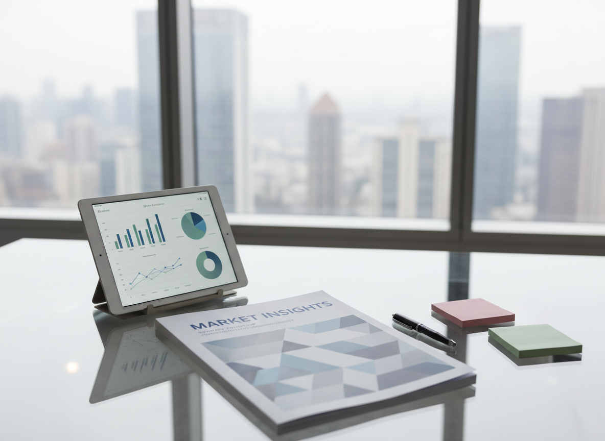 A minimalistic, glass-topped conference table with a single, prominently placed printed research report featuring a crisp, professional cover design titled “Market Insights”. Surrounding it are a slim silver tablet displaying a dashboard of clean data visualizations, a pair of square sticky note stacks in muted tones, and a fine-tip black pen aligned perfectly parallel to the report. Cool, diffused natural light from floor-to-ceiling windows softly illuminates the scene, with an out-of-focus city skyline in the background. Photographic realism, framed using the rule of thirds from a slightly elevated angle. The mood is strategic, forward-looking, and executive, perfectly suited for showcasing market research consulting for entrepreneurs and professionals.