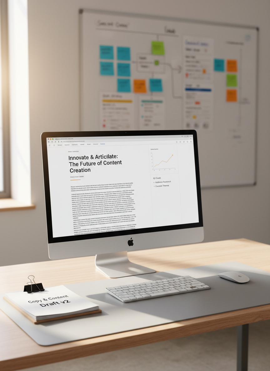 A bright, organized content development station with a large, ultra-thin monitor displaying a draft article in a clean word processor view, side-by-side with a simple line chart and bullet point outline. A mechanical keyboard and wireless mouse sit precisely aligned on a pale wooden desk, with a small stack of neatly printed pages clipped together and labeled “Copy & Content Draft v2”. Soft afternoon sunlight streams in from the side, creating gentle highlights on the monitor’s edge and a faint reflection on the desk. The background shows an intentionally blurred whiteboard filled with color-coded, but unreadable, content planning notes. Photographic realism with a wide-angle eye-level composition. The atmosphere is productive, polished, and creative within a professional frame, ideal for a copy and content writing service section.